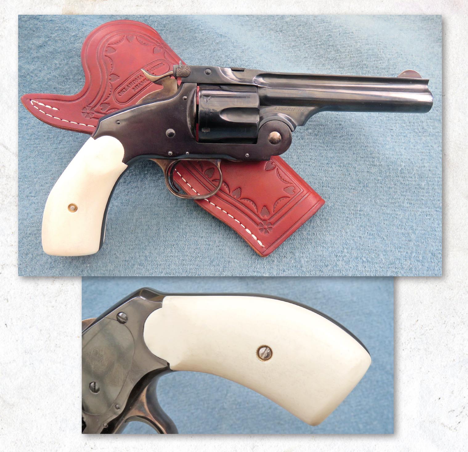 Here is the Laramie revolver, fitted with its "ivory" Gripmaker grips.